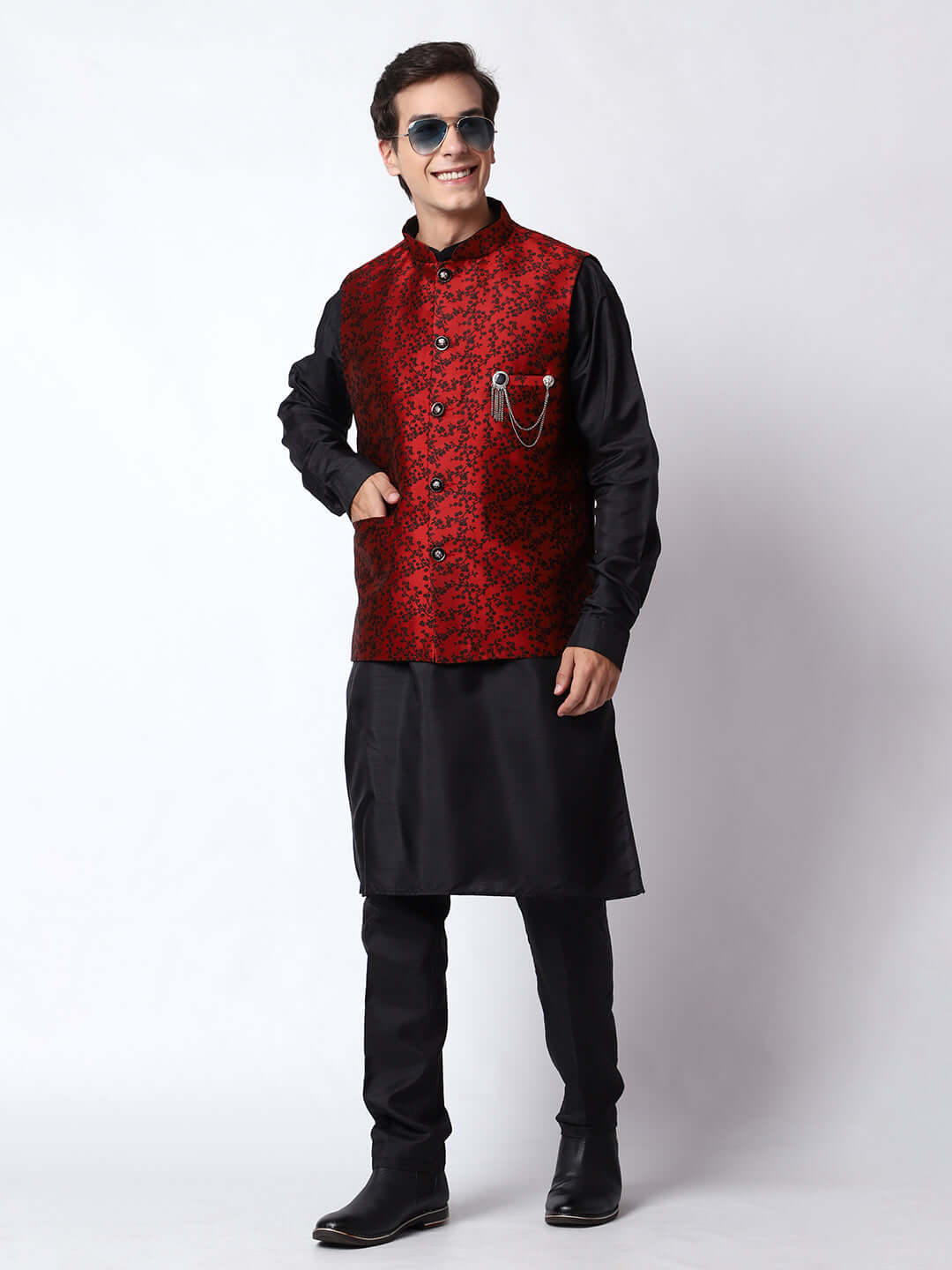 Red Black Kurta Jacket Set for Men