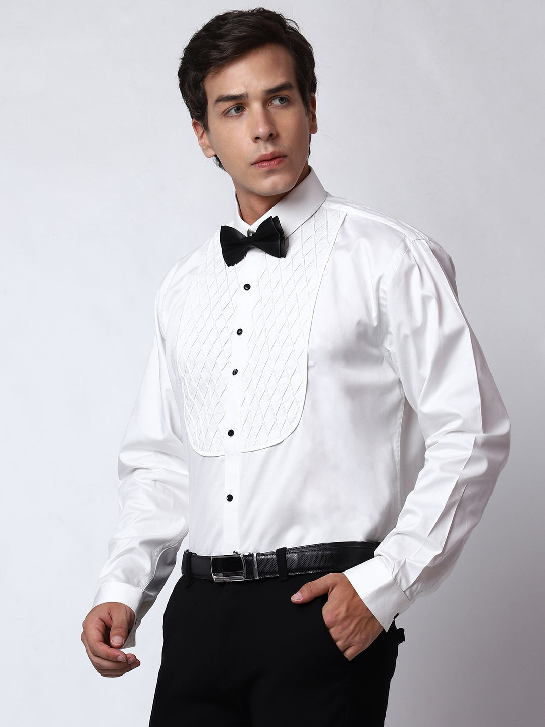 Pleated Tuxedo Shirt for Men: Stylish pleated tuxedo shirt from Crease India for a dashing formal look. Visit creaseindia.com to buy.