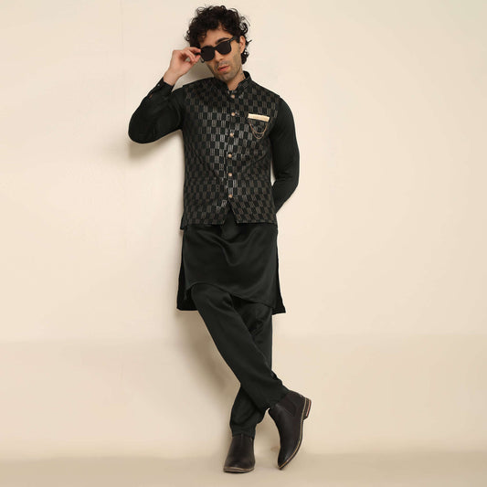 Black Sequence Embroidered Kurta Koti Set for Men