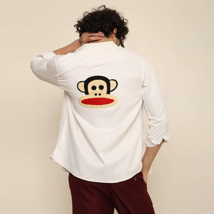 Mischief Alpha Monkey White Giza Satin Shirt for Men which is made up of giza satin and has monkey face design at back.  Perfect designer white custom shirt for all your casual wear.