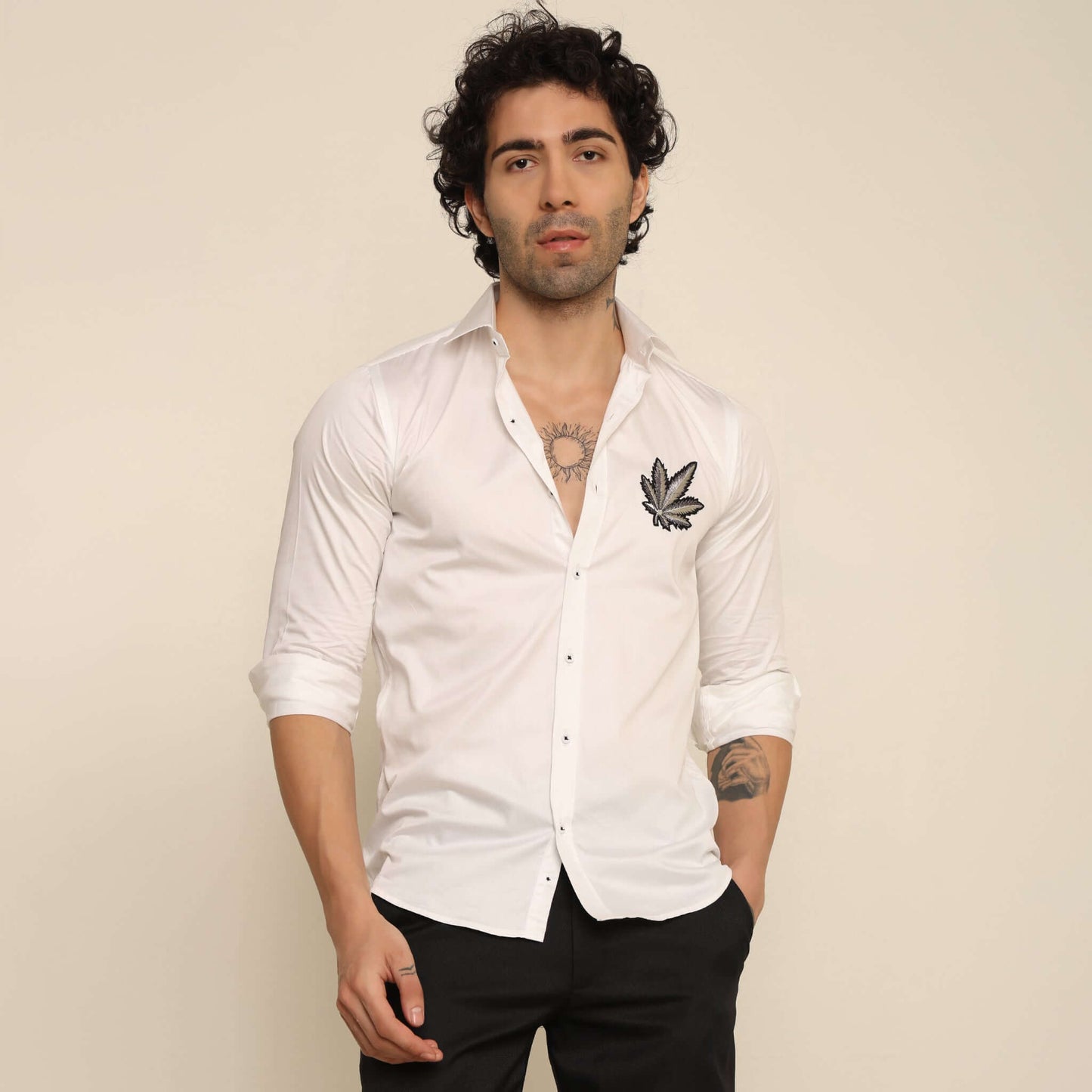 420 Herb Fusion Giza Satin Shirt for Men which is made up of giza satin and has weed leaf design. Perfect designer white custom shirt for all casual occasions.