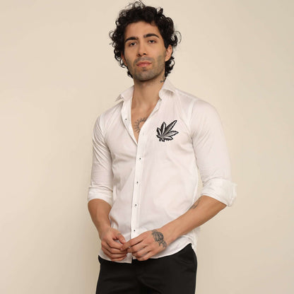 420 Herb Fusion Giza Satin Shirt for Men which is made up of giza satin and has weed leaf design. Perfect designer white custom shirt for all casual occasions.