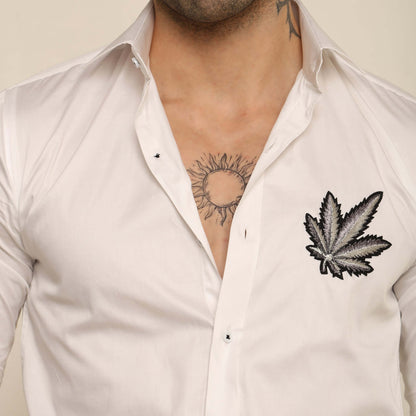 420 Herb Fusion Giza Satin Shirt for Men which is made up of giza satin and has weed leaf design. Perfect designer white custom shirt for all casual occasions.