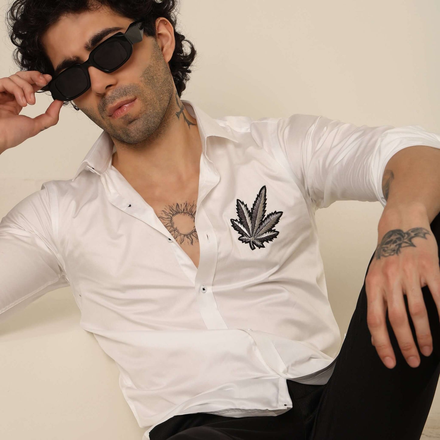 420 Herb Fusion Giza Satin Shirt for Men which is made up of giza satin and has weed leaf design. Perfect designer white custom shirt for all casual occasions.