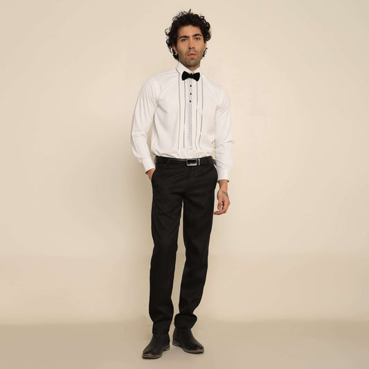 Pleated Crystal Designer White Tuxedo Shirt for Men which is made up of satin and has pleats & crystal work at the front. Perfect designer formal wear white shirt for weddings and black tie events by Crease India.