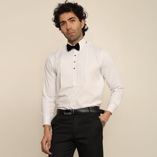 Quilted Designer White Tuxedo Shirt for Men which is made up of satin and has quilting work at the front. Perfect designer formal wear white shirt for weddings and black tie events by Crease India.