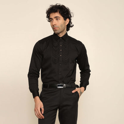 Skyline Designer Black Tuxedo Shirt for Men which is made up of cotton and has pleated work at the front. Perfect designer formal wear black shirt for weddings and black tie events by Crease India.