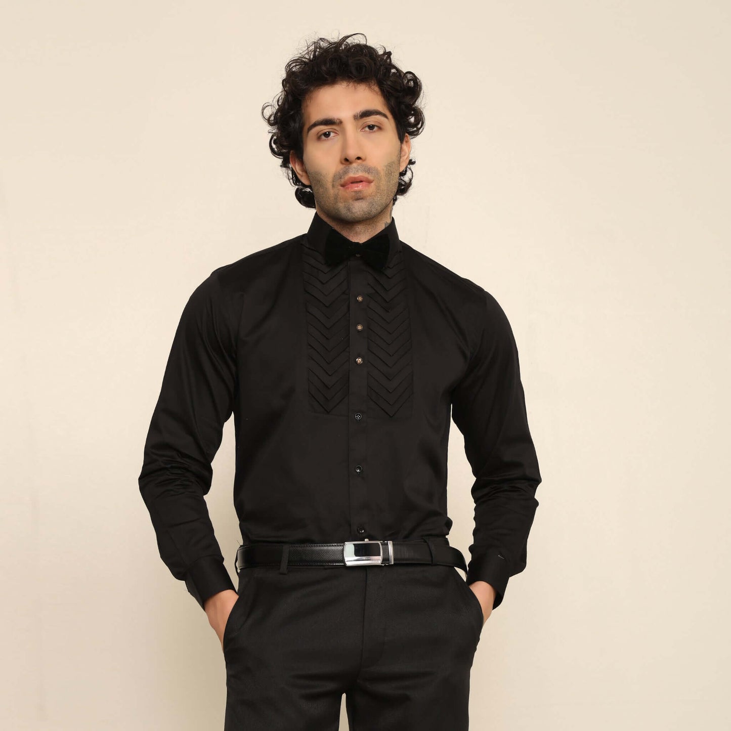 Skyline Designer Black Tuxedo Shirt for Men which is made up of cotton and has pleated work at the front. Perfect designer formal wear black shirt for weddings and black tie events by Crease India.