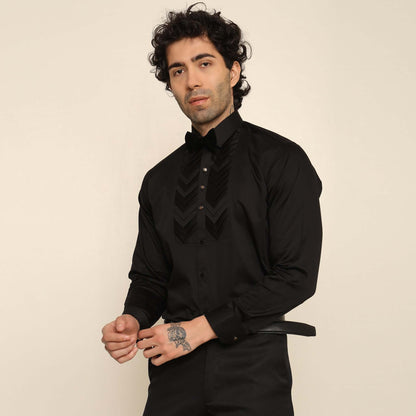 Skyline Designer Black Tuxedo Shirt for Men which is made up of cotton and has pleated work at the front. Perfect designer formal wear black shirt for weddings and black tie events by Crease India.