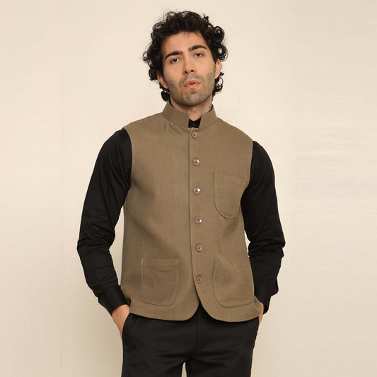 Olive Green Pashmina Nehru Jacket for Men which has classic 3-pocket design. Perfect mens olive green formal nehru jacket for male by Crease India.