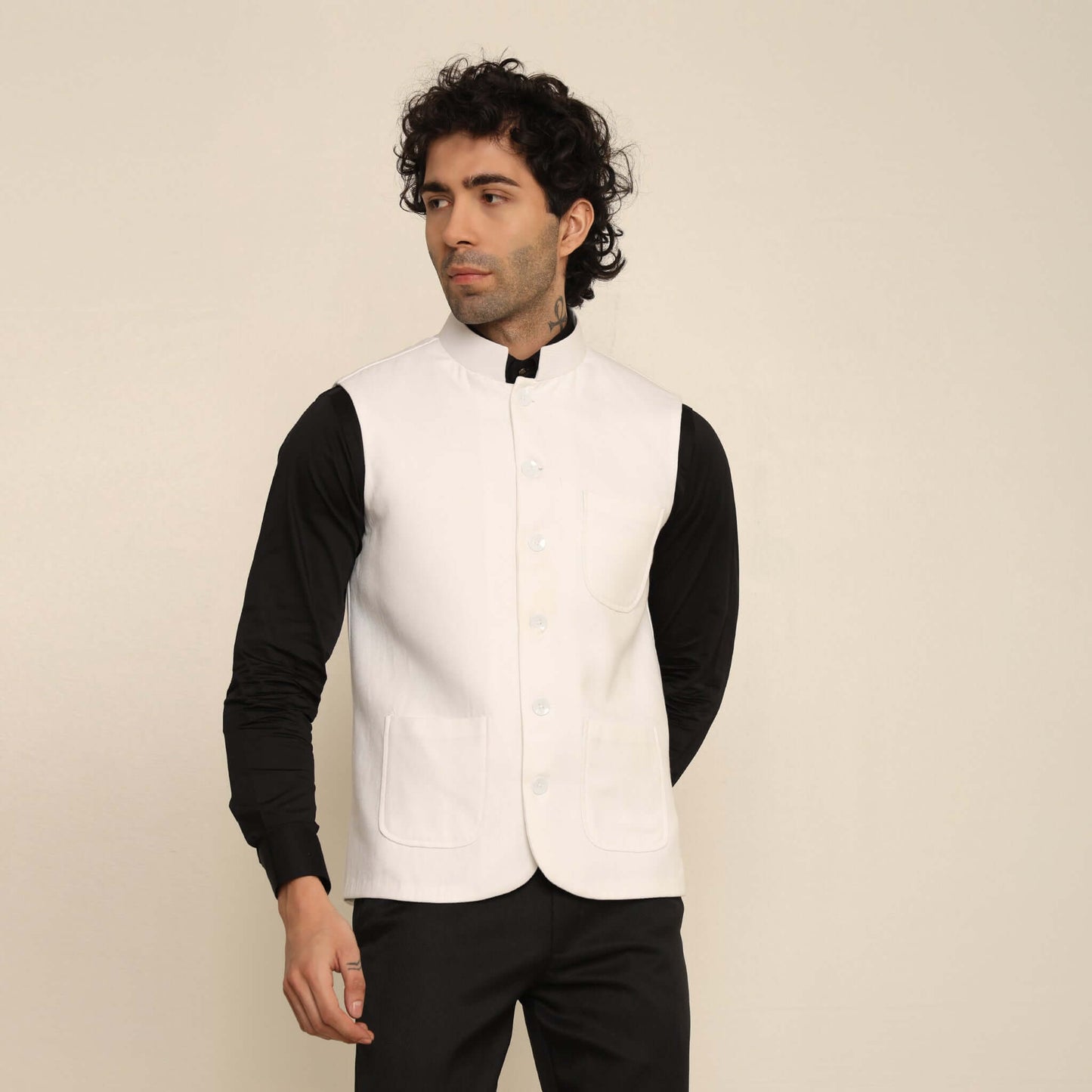 White Pashmina Nehru Jacket for Men which has classic 3-pocket design. Perfect mens white formal nehru jacket for male by Crease India.