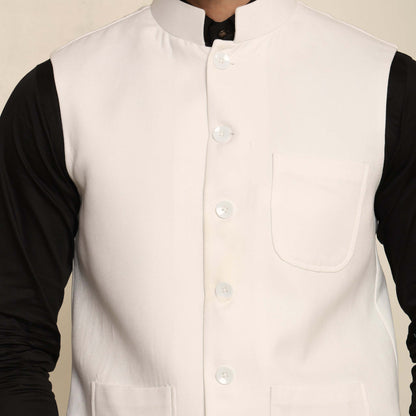 White Pashmina Nehru Jacket for Men which has classic 3-pocket design. Perfect mens white formal nehru jacket for male by Crease India.