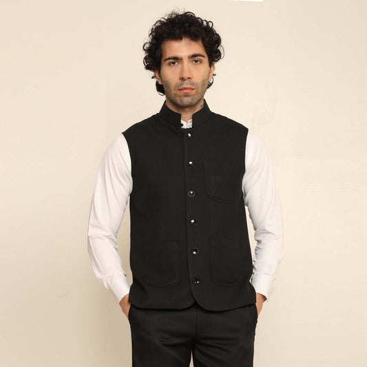 Black Pashmina Nehru Jacket for Men which has classic 3-pocket design. Perfect mens black formal nehru jacket for male by Crease India.