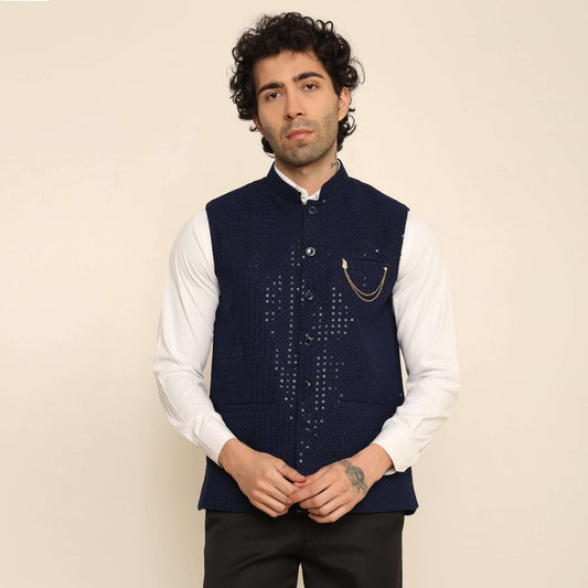 Blue Sequins Embellished Chikankari Nehru Jacket which has chikankari and sequins work. Perfect mens blue wedding nehru jacket for male by Crease India.