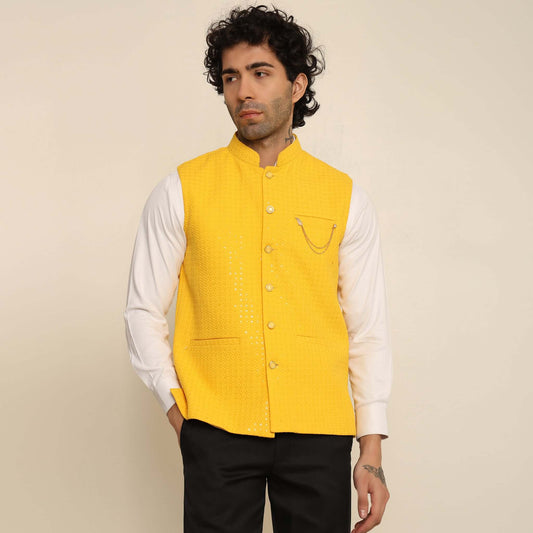 Yellow Sequins Embellished Chikankari Nehru Jacket which has chikankari and sequins work. Perfect mens yellow wedding nehru jacket for male by Crease India.