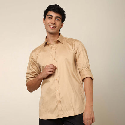 Comfy & Casual Desert Sand Cotton Satin Shirt. Regular Fit, Long Sleeves. Perfect Pool Party, Brunches, After Party, Date Night & Travel Shirt. Brand- Crease India