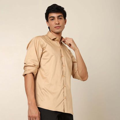 Comfy & Casual Desert Sand Cotton Satin Shirt. Regular Fit, Long Sleeves. Perfect Pool Party, Brunches, After Party, Date Night & Travel Shirt. Brand- Crease India