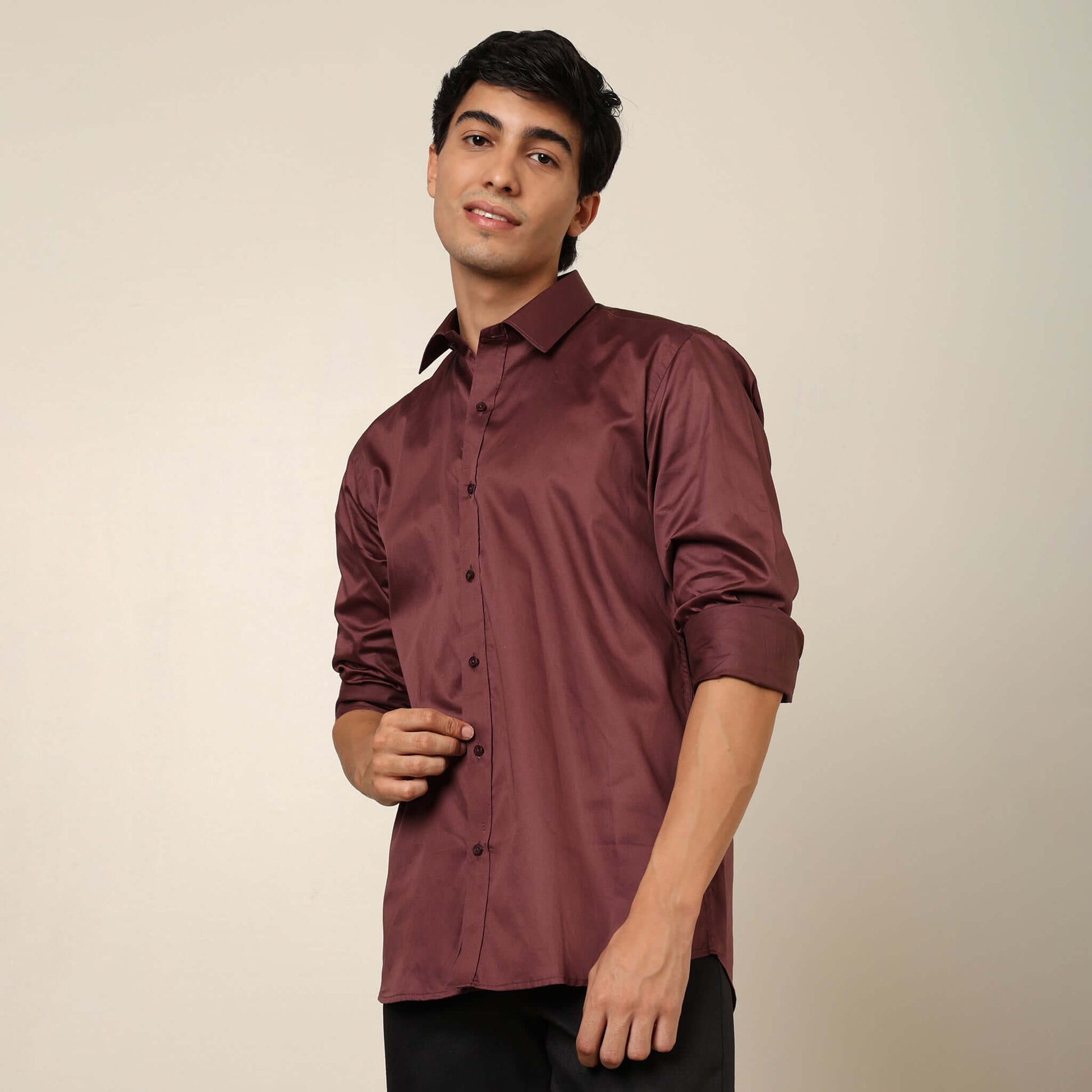 Comfy & Casual Deep Coffee Cotton Satin Shirt. Regular Fit, Long Sleeves. Perfect Pool Party, Brunches, After Party, Date Night & Travel Shirt. Brand- Crease India