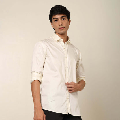 Comfy & Casual Crisp White Cotton Satin Shirt. Regular Fit, Long Sleeves. Perfect Pool Party, Brunches, After Party, Date Night & Travel Shirt. Brand- Crease India