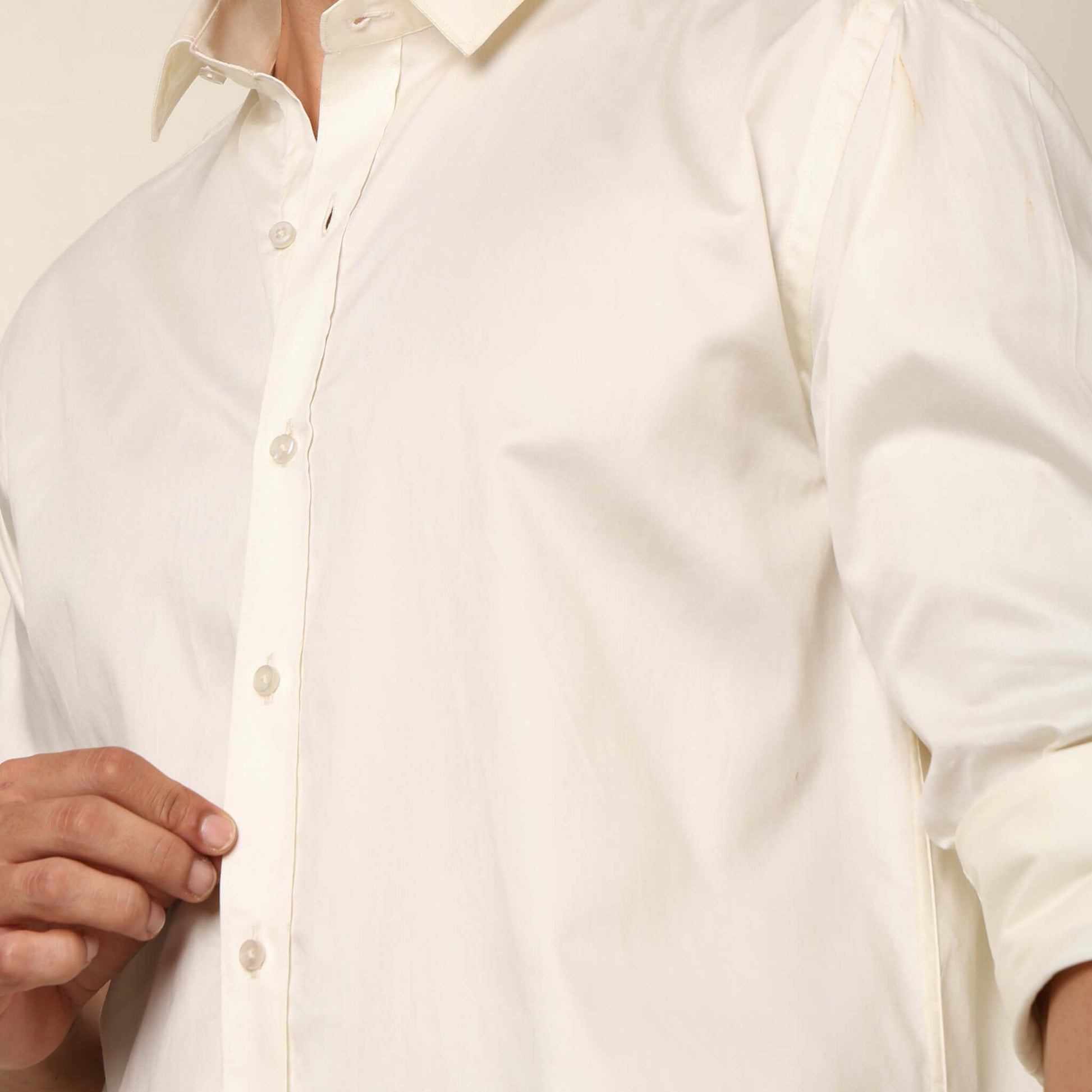 Comfy & Casual Crisp White Cotton Satin Shirt. Regular Fit, Long Sleeves. Perfect Pool Party, Brunches, After Party, Date Night & Travel Shirt. Brand- Crease India