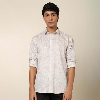 Casual White Cotton Satin Printed Shirt. Regular Fit, Long Sleeves. Perfect Pool Party, Brunches, After Party, Date Night & Travel Shirt. Brand- Crease India