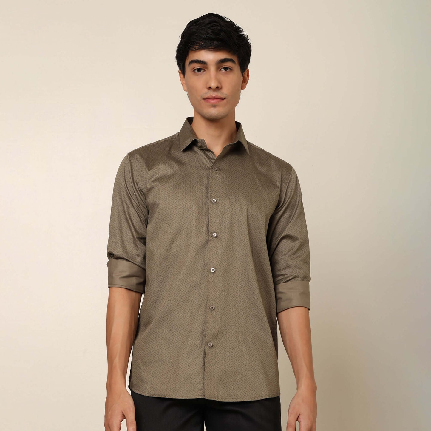 Casual Olive Green Cotton Satin Printed Shirt. Regular Fit, Long Sleeves. Perfect Pool Party, Brunches, After Party, Date Night & Travel Shirt. Brand- Crease India