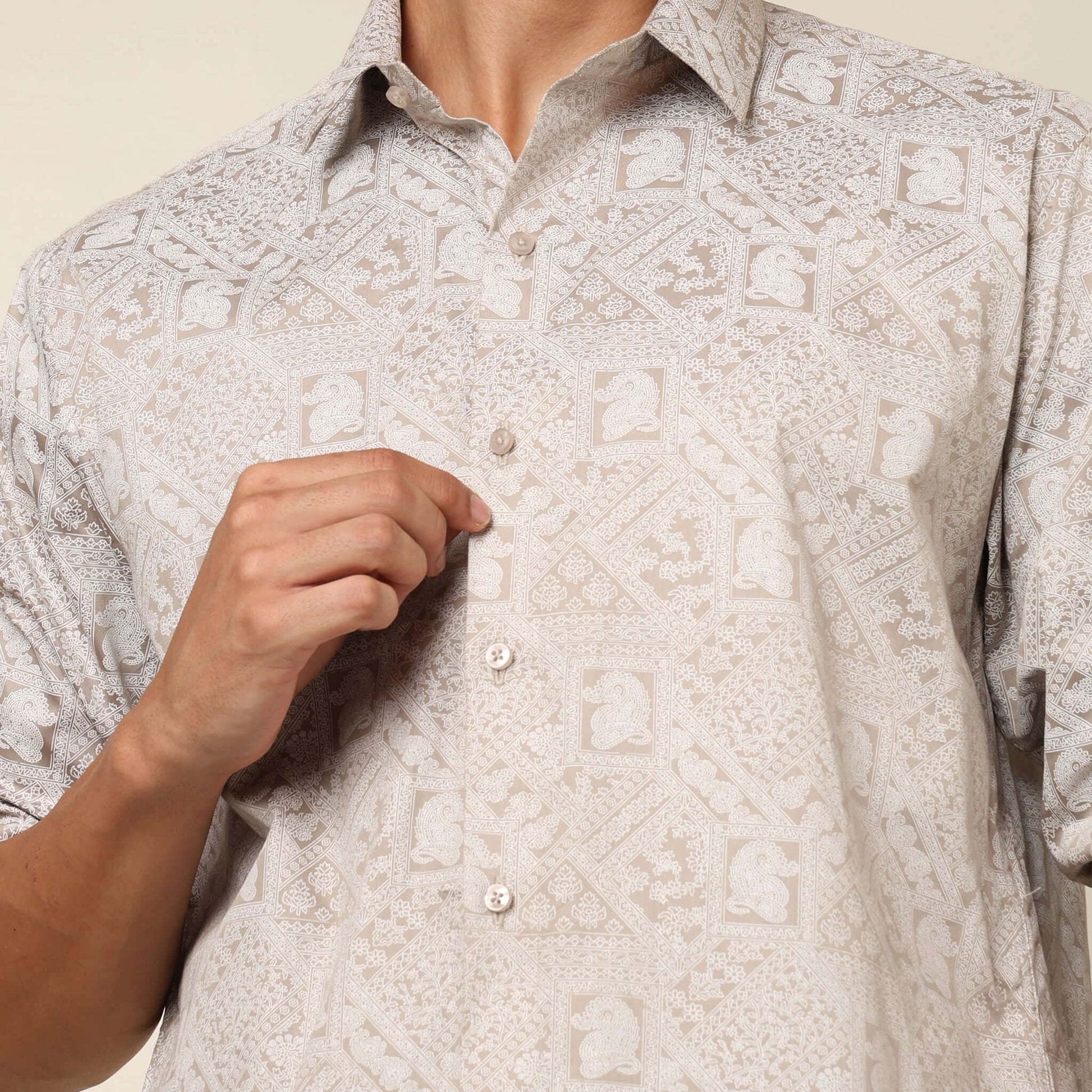 Casual Beige Cotton Satin Printed Shirt. Regular Fit, Long Sleeves. Perfect Pool Party, Brunches, After Party, Date Night & Travel Shirt. Brand- Crease India