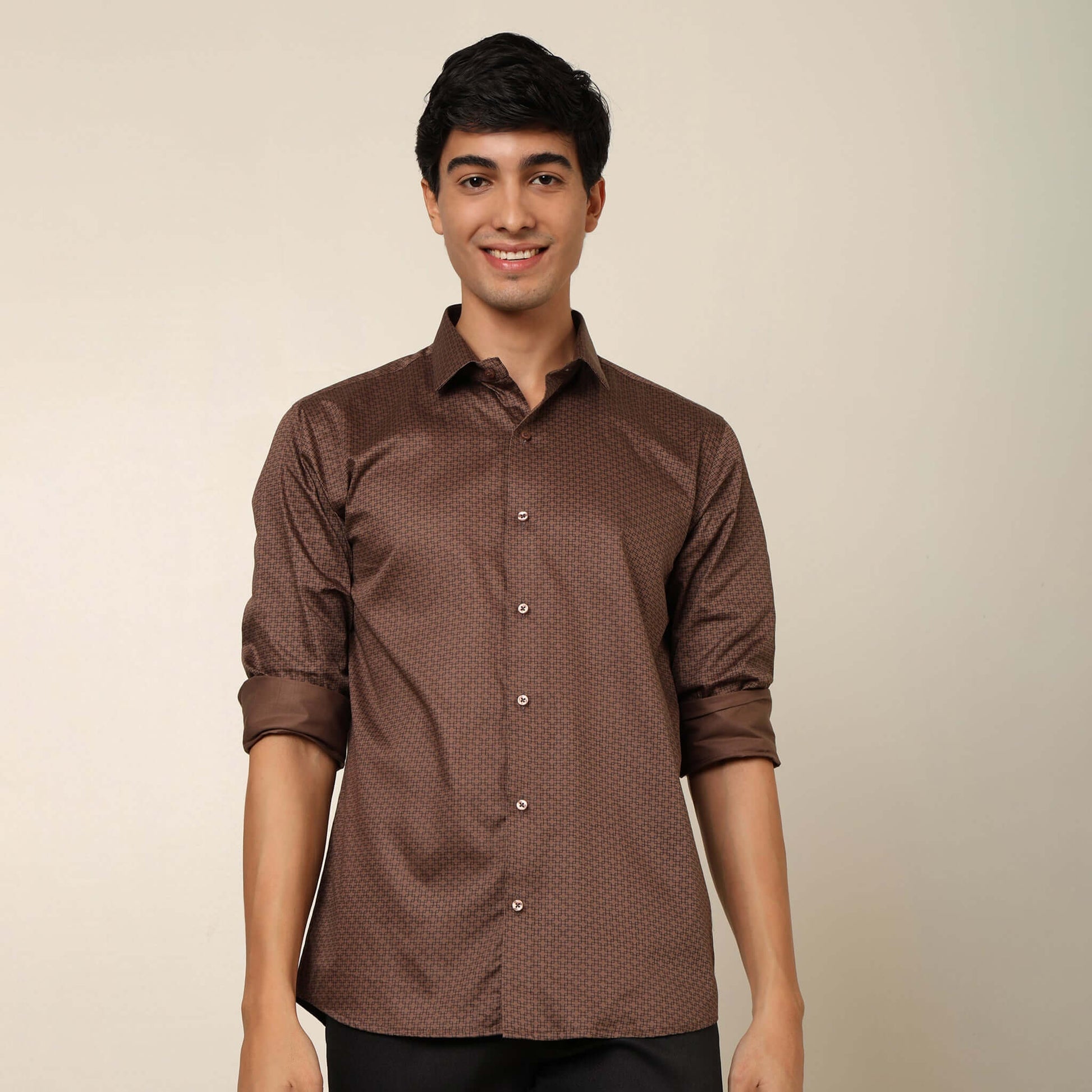 Casual Brown Cotton Satin Printed Shirt. Regular Fit, Long Sleeves. Perfect Pool Party, Brunches, After Party, Date Night & Travel Shirt. Brand- Crease India