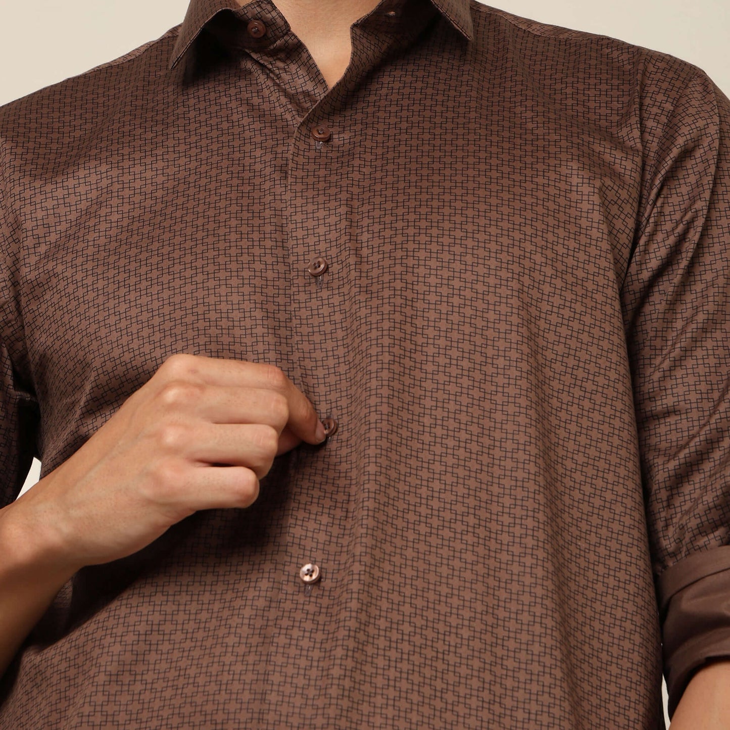 Casual Brown Cotton Satin Printed Shirt. Regular Fit, Long Sleeves. Perfect Pool Party, Brunches, After Party, Date Night & Travel Shirt. Brand- Crease India