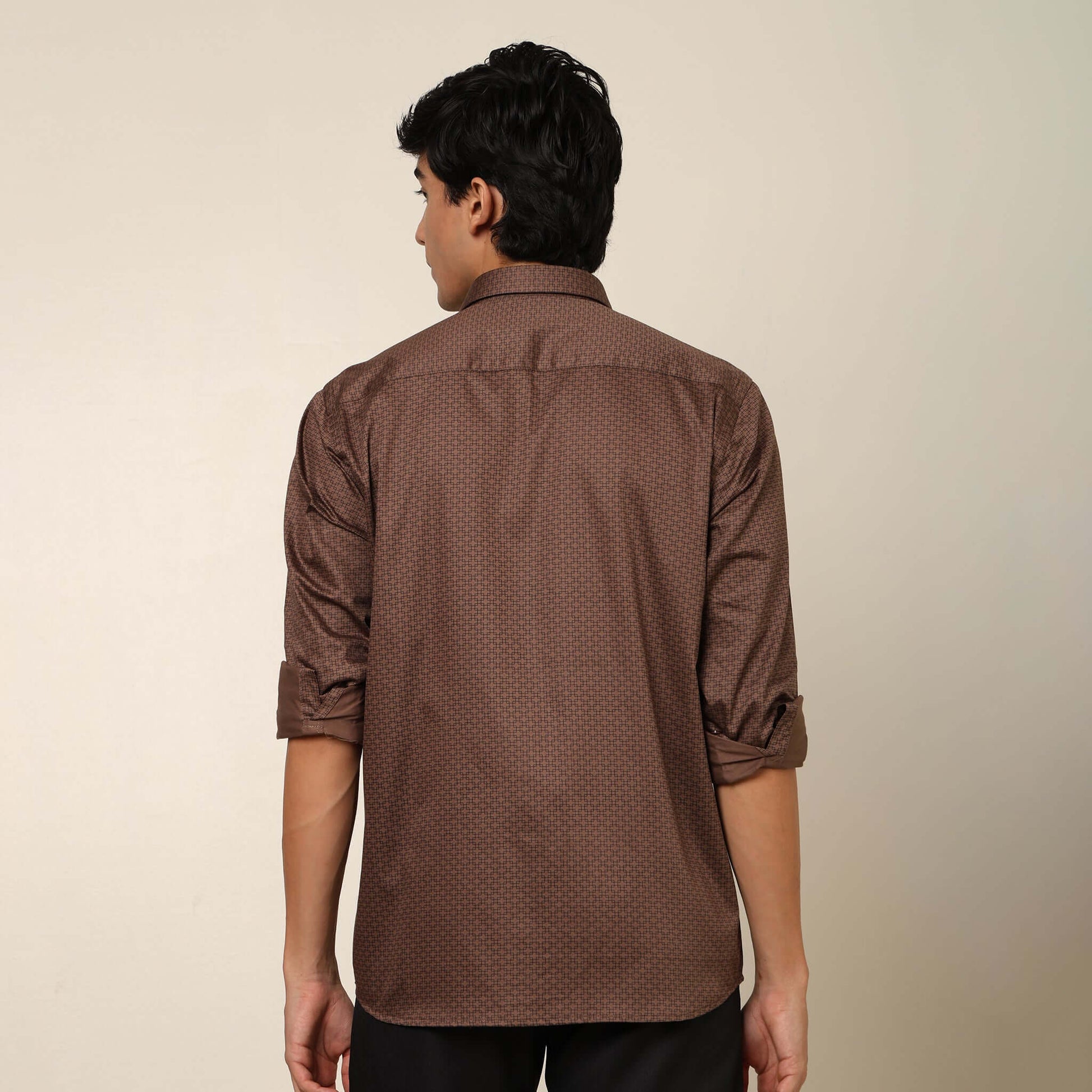 Comfy & Casual Brown Cotton Satin Printed Shirt. Regular Fit, Long Sleeves. Perfect Pool Party, Brunches, After Party, Date Night & Travel Shirt. Brand- Crease India