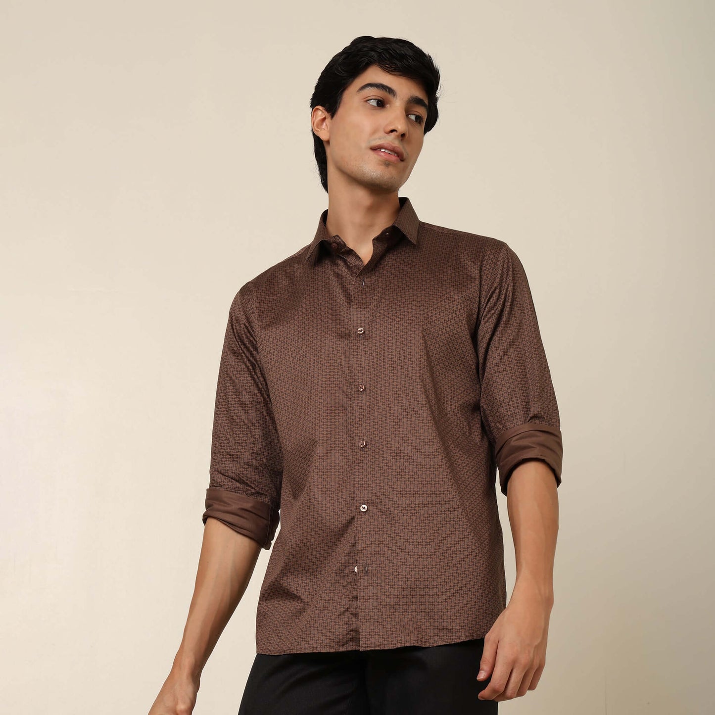 Comfy & Casual Brown Cotton Satin Printed Shirt. Regular Fit, Long Sleeves. Perfect Pool Party, Brunches, After Party, Date Night & Travel Shirt. Brand- Crease India