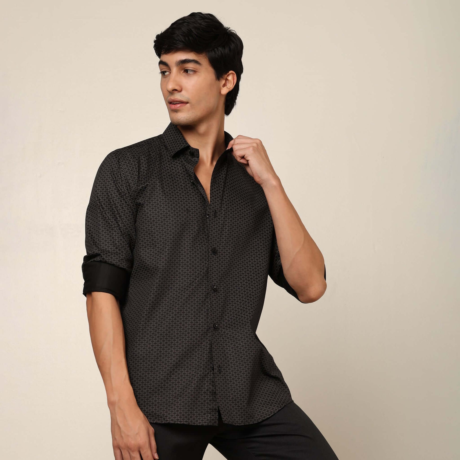 Comfy & Casual Black Geo Cotton Satin Printed Shirt. Regular Fit, Long Sleeves. Perfect Pool Party, Brunches, After Party, Date Night & Travel Shirt. Brand- Crease India