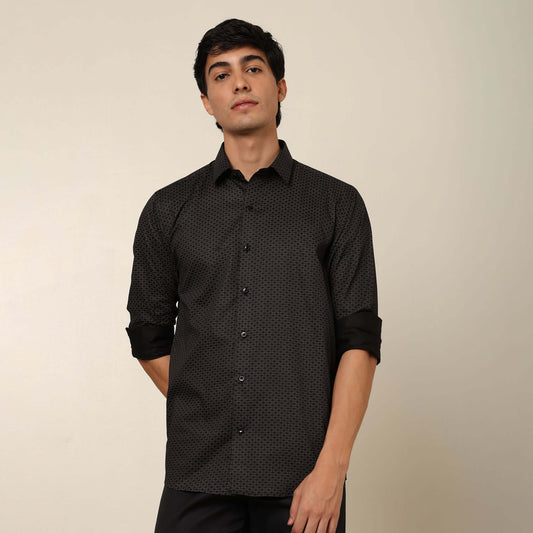 Casual Black Geo Cotton Satin Printed Shirt. Regular Fit, Long Sleeves. Perfect Pool Party, Brunches, After Party, Date Night & Travel Shirt. Brand- Crease India