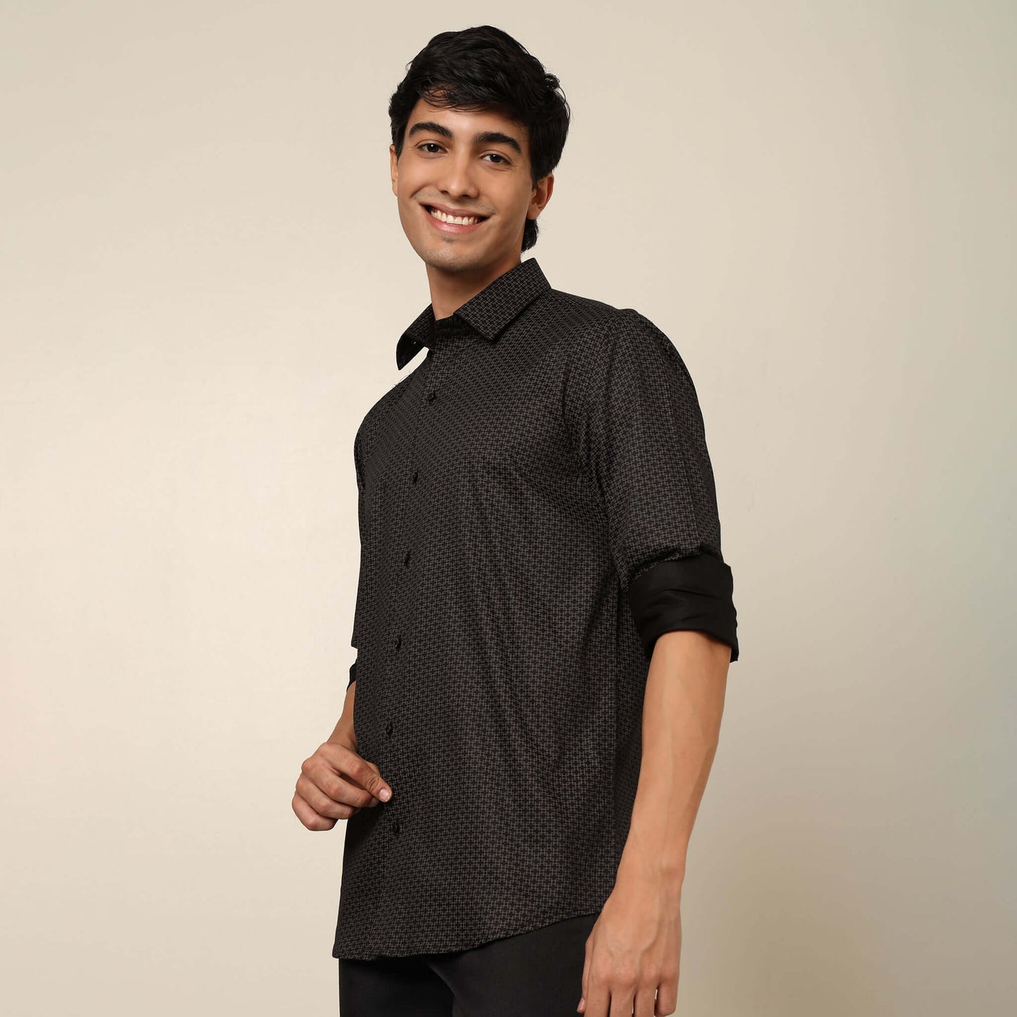 Comfy & Casual Black Geo Cotton Satin Printed Shirt. Regular Fit, Long Sleeves. Perfect Pool Party, Brunches, After Party, Date Night & Travel Shirt. Brand- Crease India