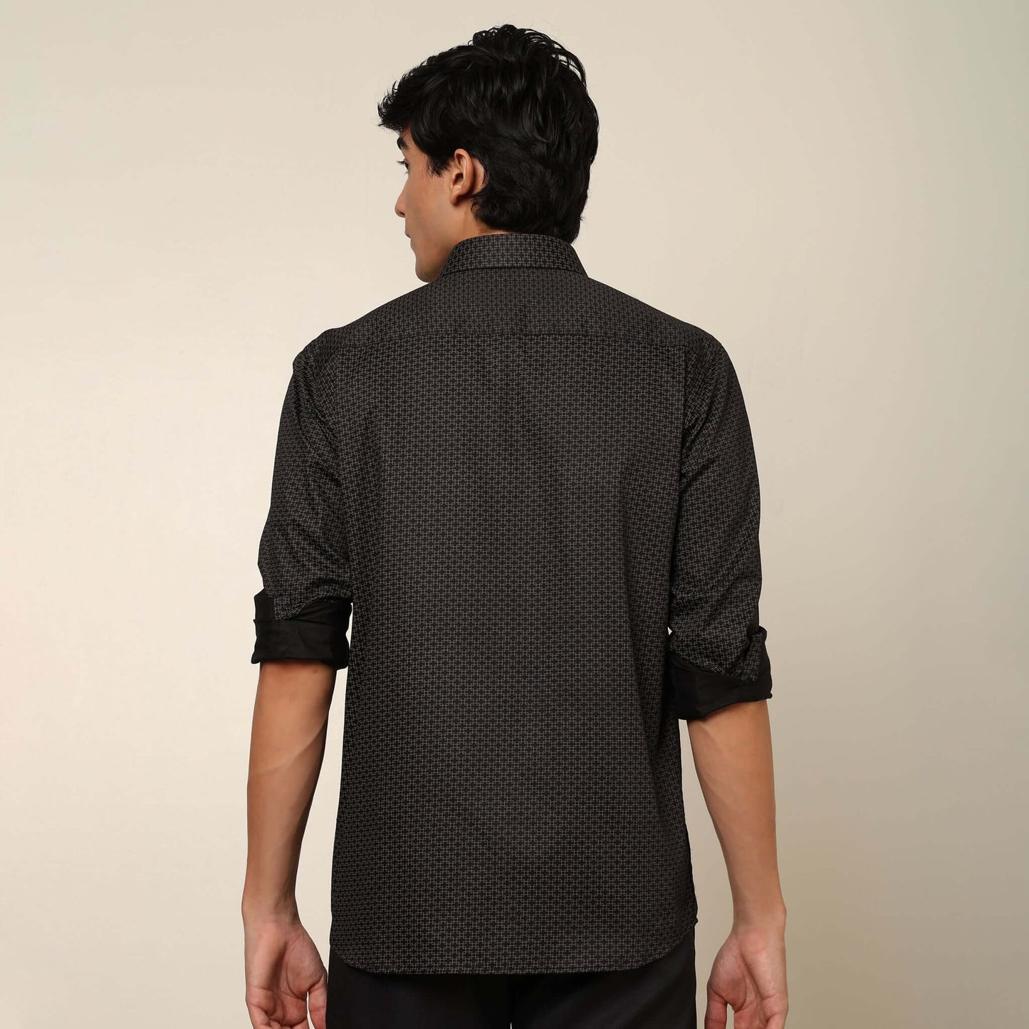 Comfy & Casual Black Geo Cotton Satin Printed Shirt. Regular Fit, Long Sleeves. Perfect Pool Party, Brunches, After Party, Date Night & Travel Shirt. Brand- Crease India