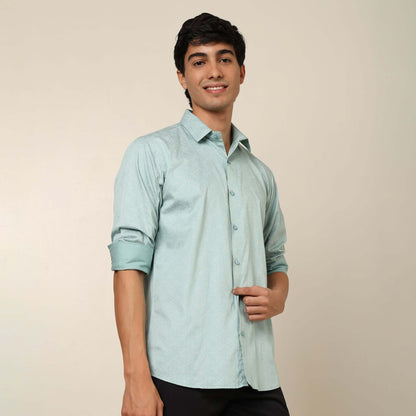 Comfy & Casual Sea Green Cotton Satin Printed Shirt. Regular Fit, Long Sleeves. Perfect Pool Party, Brunches, After Party, Date Night & Travel Shirt. Brand- Crease India