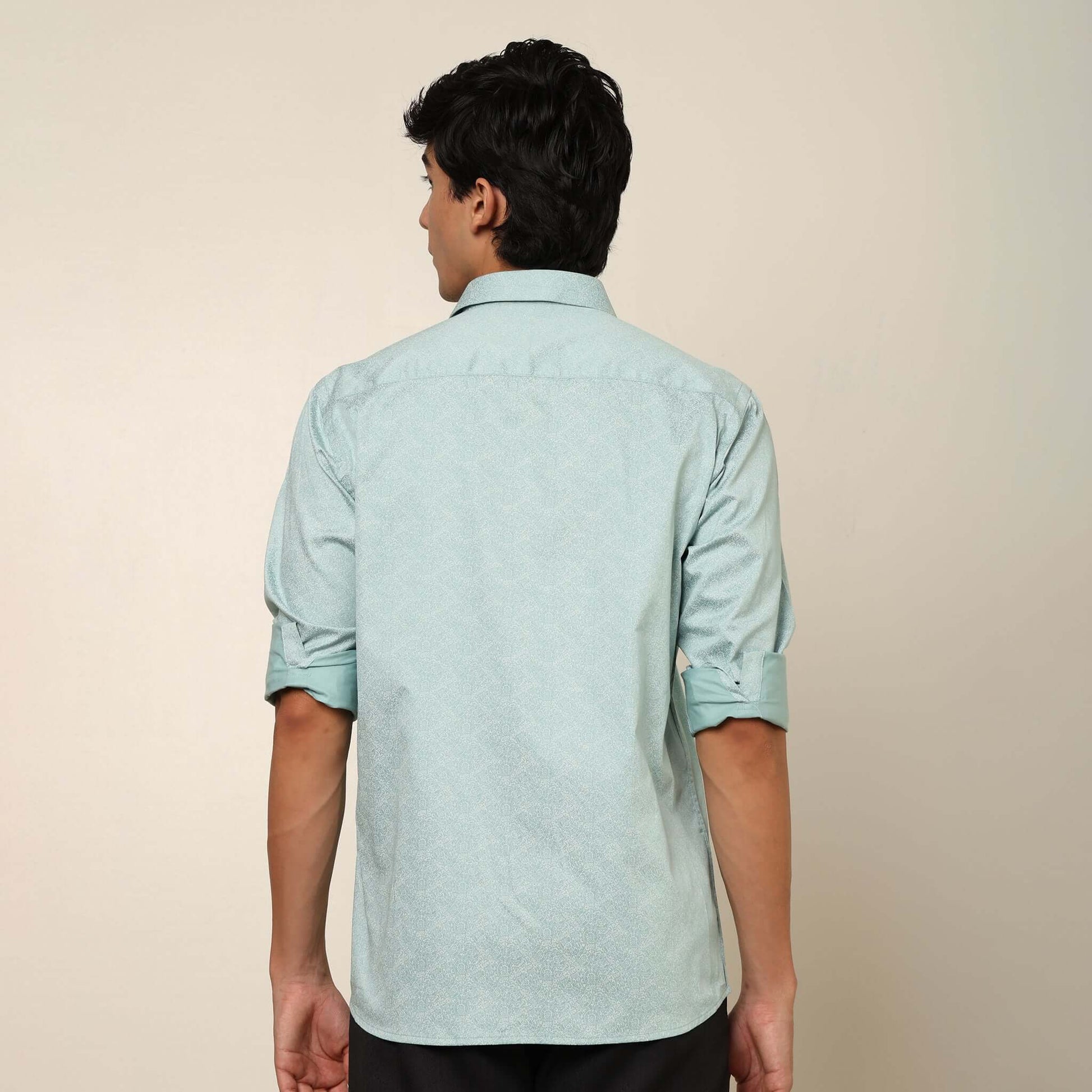 Comfy & Casual Sea Green Cotton Satin Printed Shirt. Regular Fit, Long Sleeves. Perfect Pool Party, Brunches, After Party, Date Night & Travel Shirt. Brand- Crease India