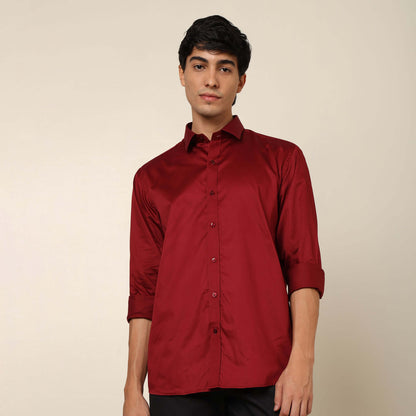 Comfy & Casual Blood Red Cotton Satin Shirt. Regular Fit, Long Sleeves. Perfect Pool Party, Brunches, After Party, Date Night & Travel Shirt. Brand- Crease India