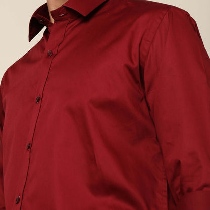 Comfy & Casual Blood Red Cotton Satin Shirt. Regular Fit, Long Sleeves. Perfect Pool Party, Brunches, After Party, Date Night & Travel Shirt. Brand- Crease India