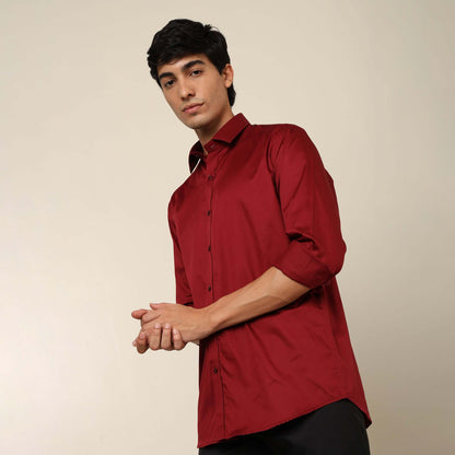 Comfy & Casual Blood Red Cotton Satin Shirt. Regular Fit, Long Sleeves. Perfect Pool Party, Brunches, After Party, Date Night & Travel Shirt. Brand- Crease India