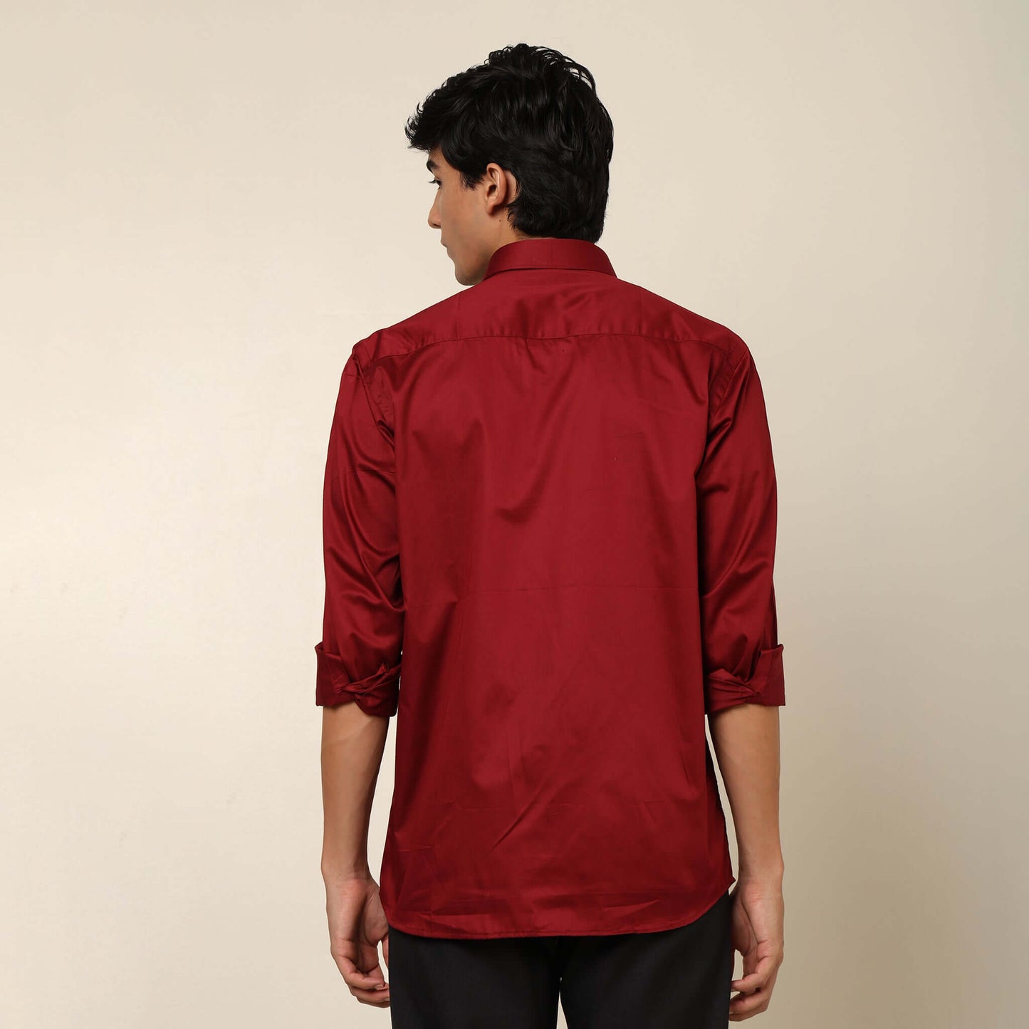 Comfy & Casual Blood Red Cotton Satin Shirt. Regular Fit, Long Sleeves. Perfect Pool Party, Brunches, After Party, Date Night & Travel Shirt. Brand- Crease India