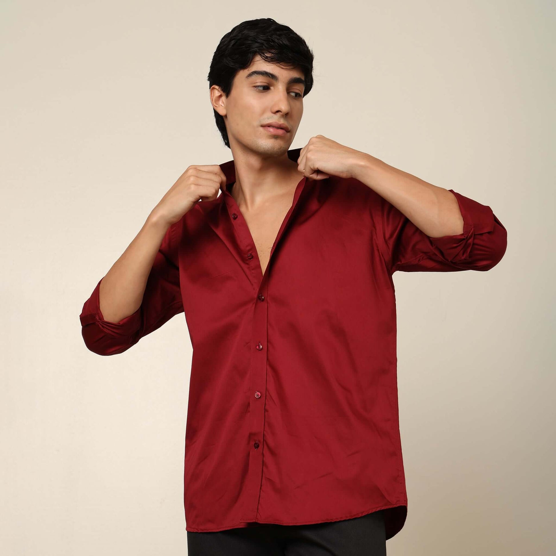 Comfy & Casual Blood Red Cotton Satin Shirt. Regular Fit, Long Sleeves. Perfect Pool Party, Brunches, After Party, Date Night & Travel Shirt. Brand- Crease India