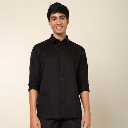 Comfy & Casual Black Cotton Satin Shirt. Regular Fit, Long Sleeves. Perfect Pool Party, Brunches, After Party, Date Night & Travel Shirt. Brand- Crease India