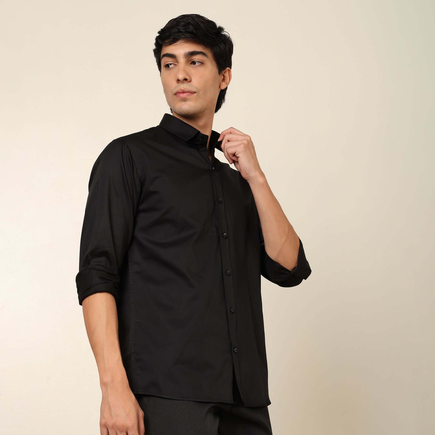 Comfy & Casual Black Cotton Satin Shirt. Regular Fit, Long Sleeves. Perfect Pool Party, Brunches, After Party, Date Night & Travel Shirt. Brand- Crease India