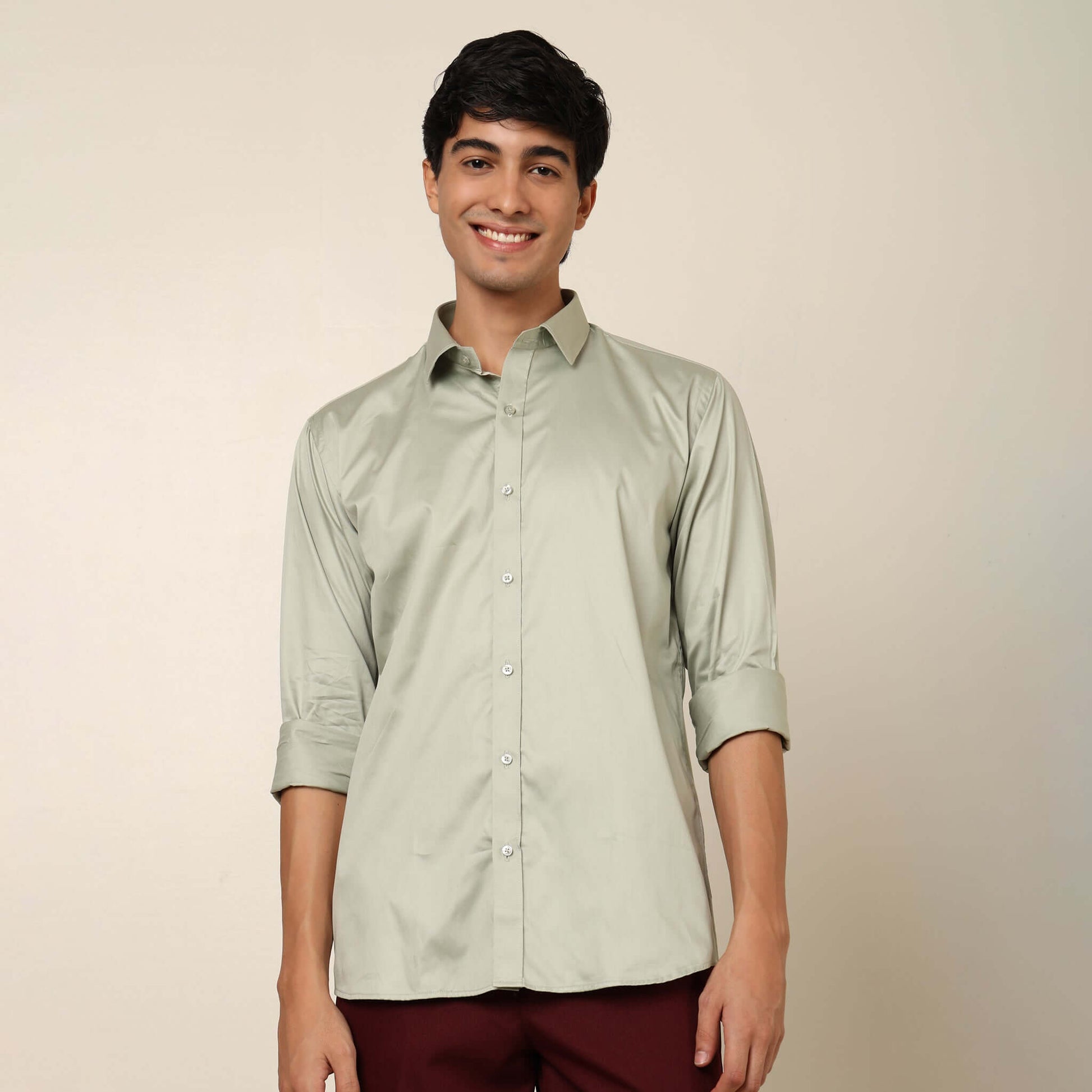 Comfy & Casual Pista Green Cotton Satin Shirt. Regular Fit, Long Sleeves. Perfect Pool Party, Brunches, After Party, Date Night & Travel Shirt. Brand- Crease India