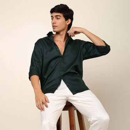 Comfy & Casual Green Cotton Satin Shirt. Regular Fit, Long Sleeves. Perfect Pool Party, Brunches, After Party, Date Night & Travel Shirt. Brand- Crease India