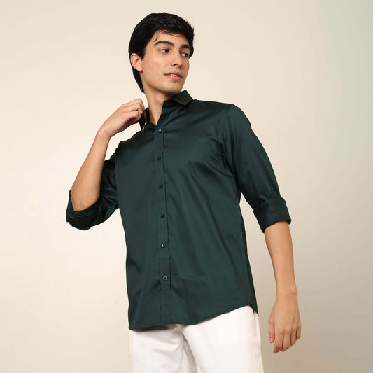 Comfy & Casual Green Cotton Satin Shirt. Regular Fit, Long Sleeves. Perfect Pool Party, Brunches, After Party, Date Night & Travel Shirt. Brand- Crease India