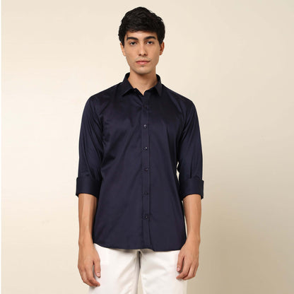 Comfy & Casual Navy Blue Cotton Satin Shirt. Regular Fit, Long Sleeves. Perfect Pool Party, Brunches, After Party, Date Night & Travel Shirt. Brand- Crease India