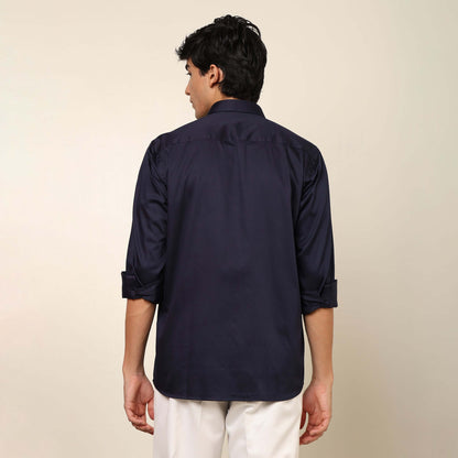 Comfy & Casual Navy Blue Cotton Satin Shirt. Regular Fit, Long Sleeves. Perfect Pool Party, Brunches, After Party, Date Night & Travel Shirt. Brand- Crease India