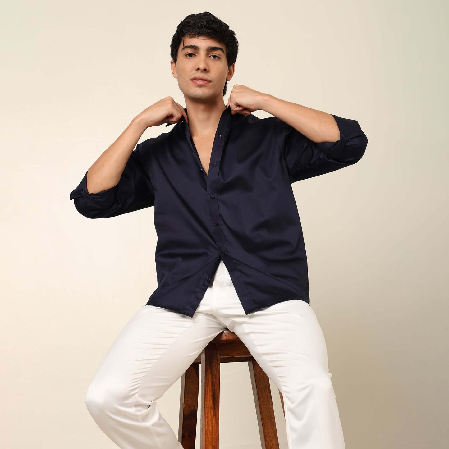 Comfy & Casual Navy Blue Cotton Satin Shirt. Regular Fit, Long Sleeves. Perfect Pool Party, Brunches, After Party, Date Night & Travel Shirt. Brand- Crease India